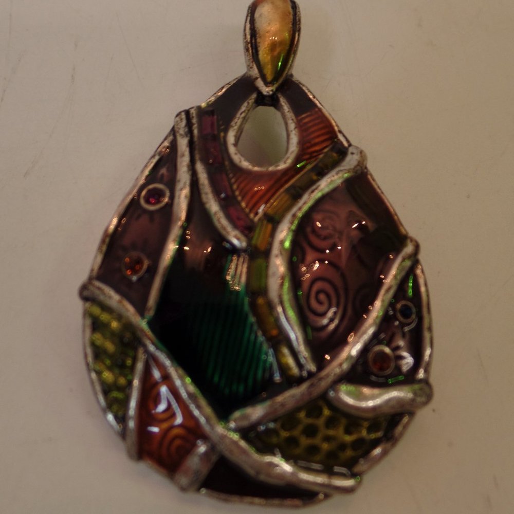 Unbranded Enamel Coated Tear Shaped Pendant W Large Bale Silvertone 3" L X 2" W